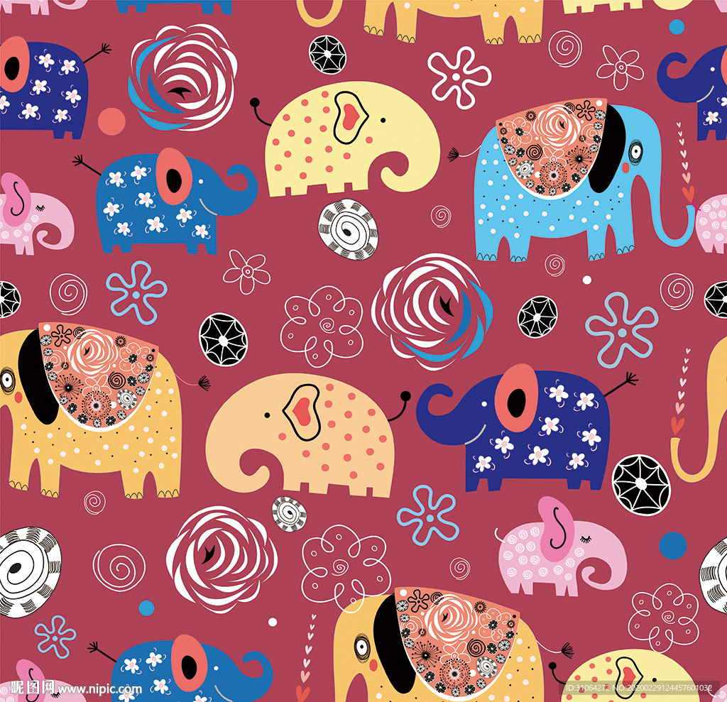 卡通小象印花图案