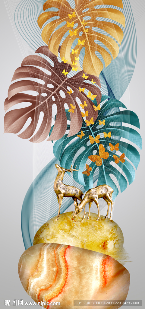 鹅卵石树叶玄关背景墙