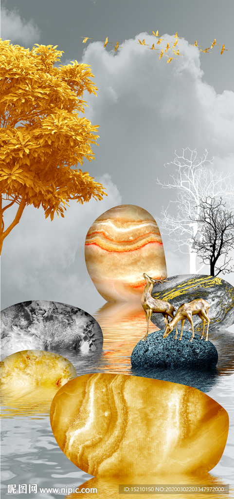 鹅卵石抽象树玄关背景墙