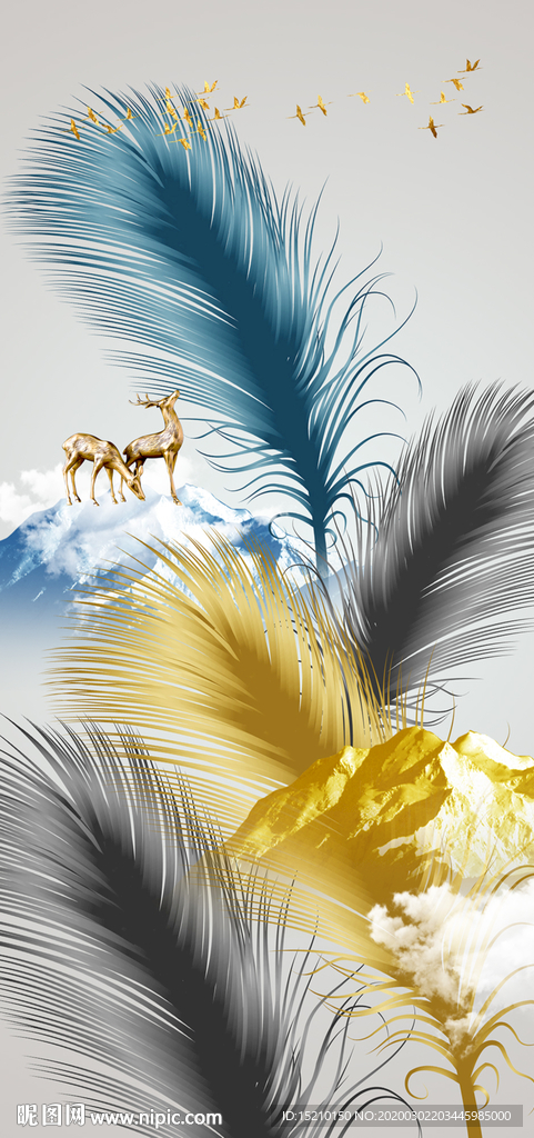 金色山水羽毛玄关背景墙