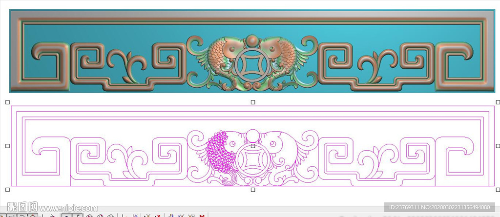 双鱼铜钱牙板精雕图浮雕图灰度图