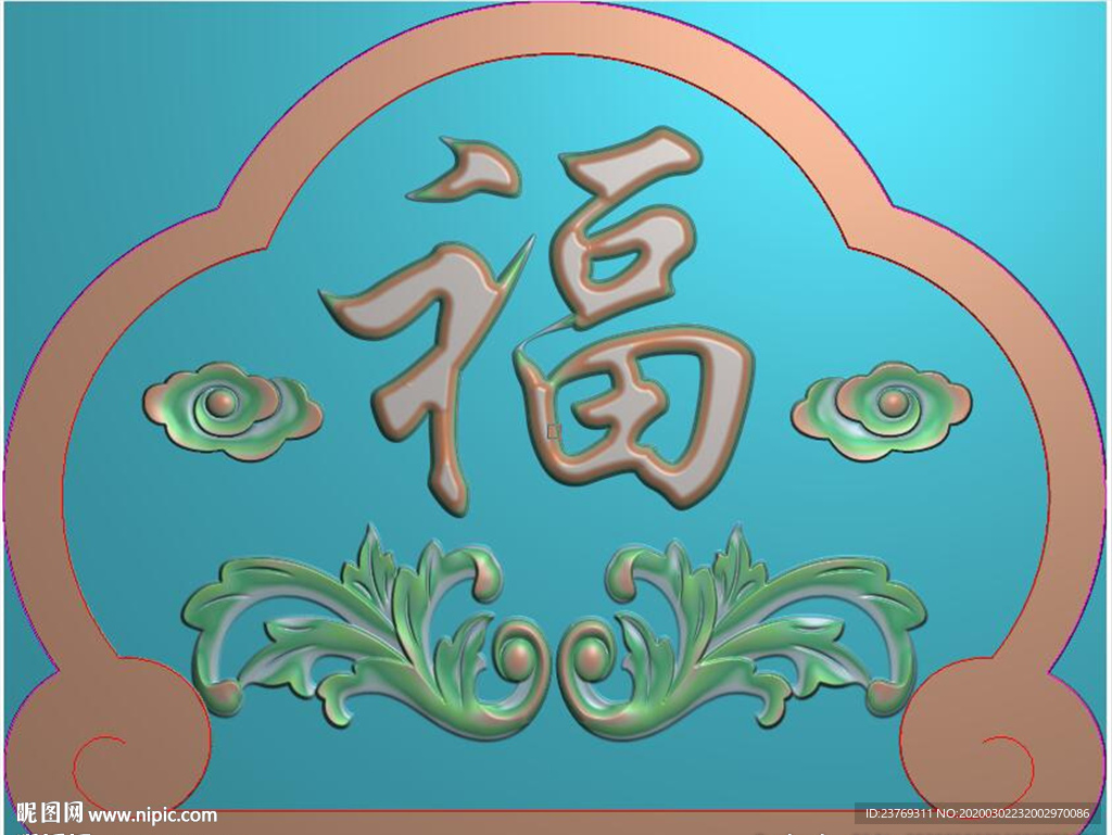 洋花福字墓碑头精雕图浮雕图灰度