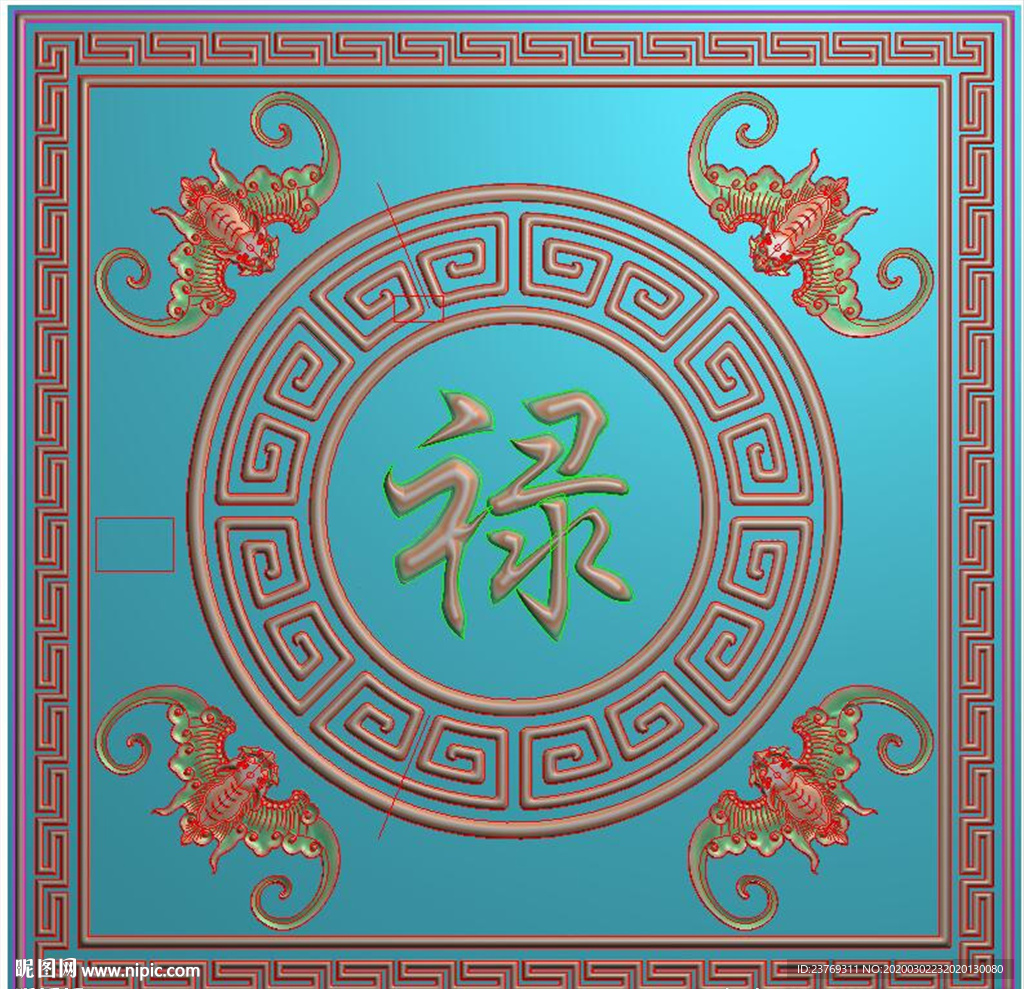方形回纹蝙蝠禄字挂屏精雕图浮雕