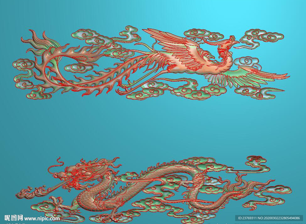 单凤单龙围板精雕图浮雕图灰度图