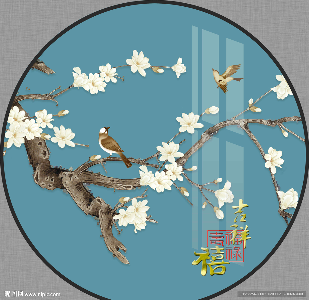 新中式手绘工笔花鸟圆形装饰画