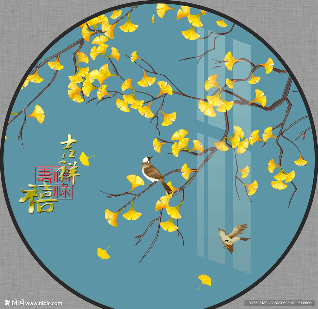 新中式手绘工笔花鸟圆形装饰画