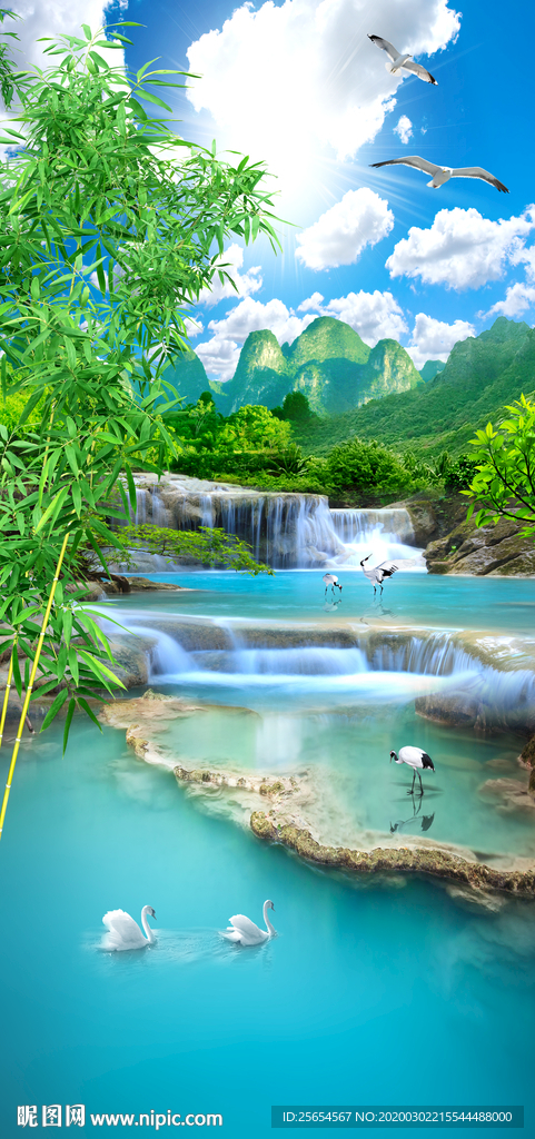山青水秀瀑布流水生财玄关背景墙