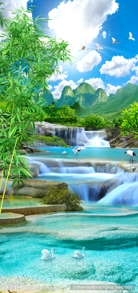 山青水秀瀑布流水生财玄关背景墙