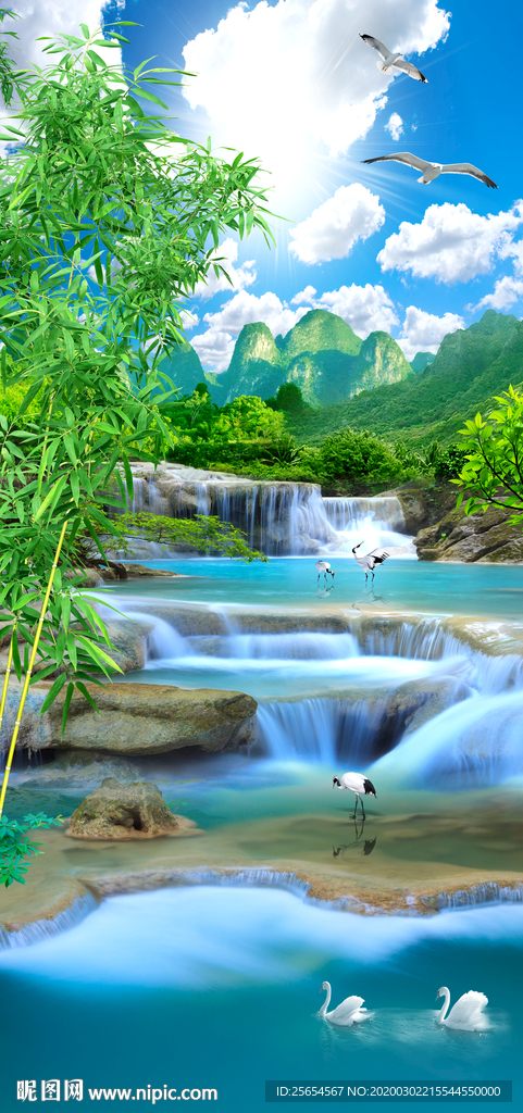 山青水秀瀑布流水生财玄关背景墙