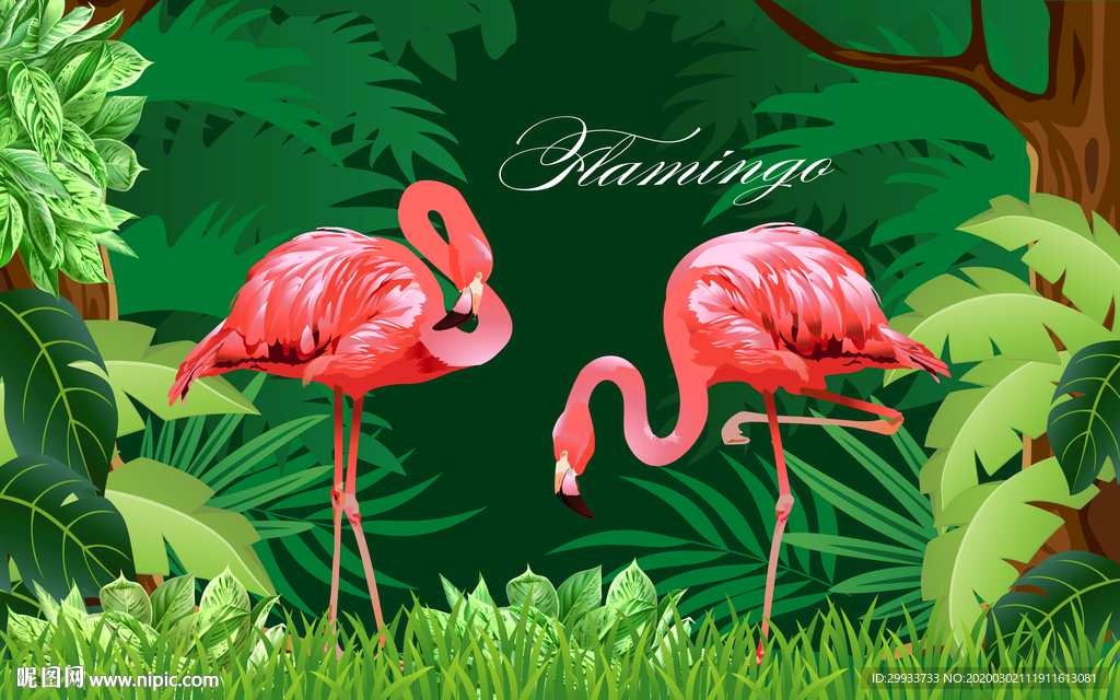 北欧风热带植物叶子火烈鸟背景墙