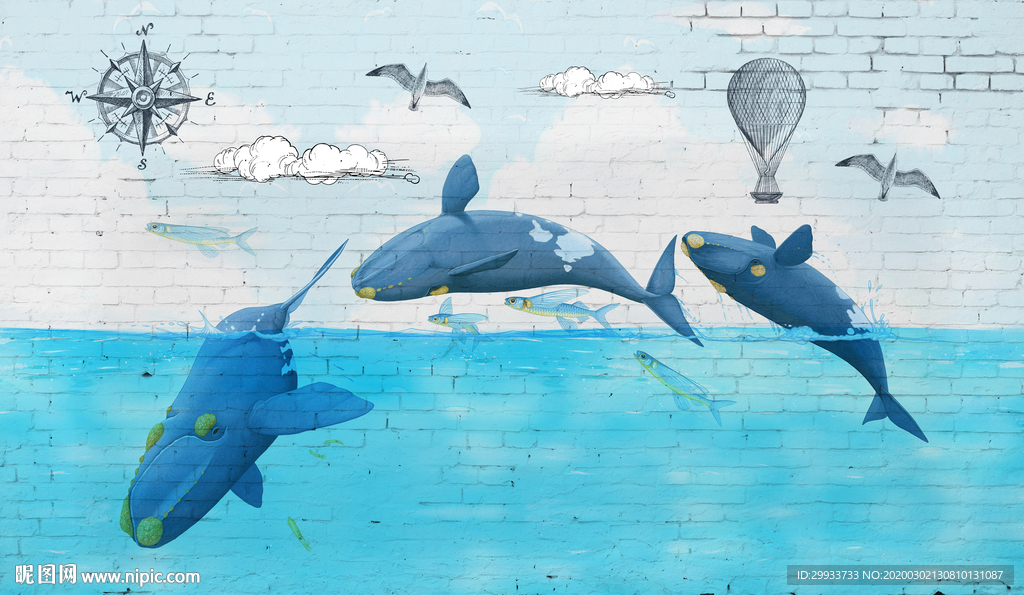 现代创意手绘大海鲸鱼电视背景墙