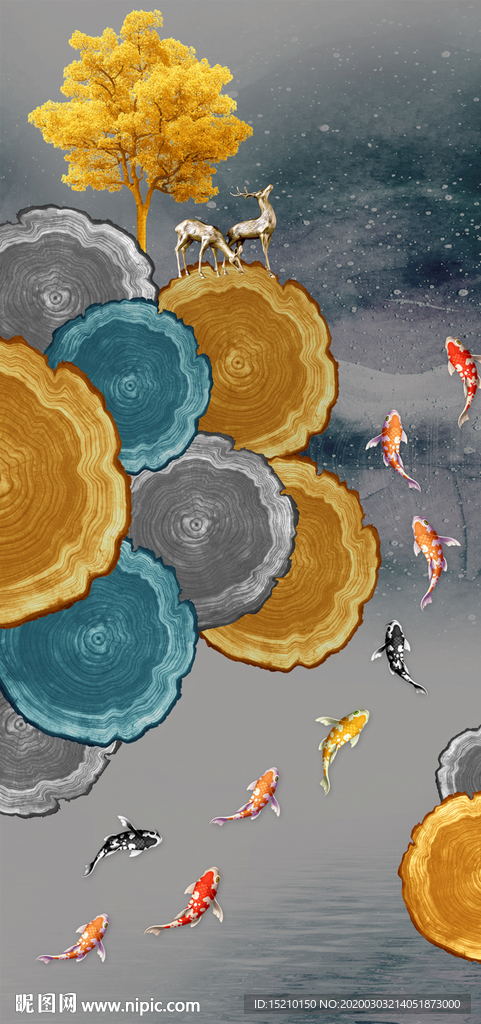 发财树九鱼图玄关背景墙