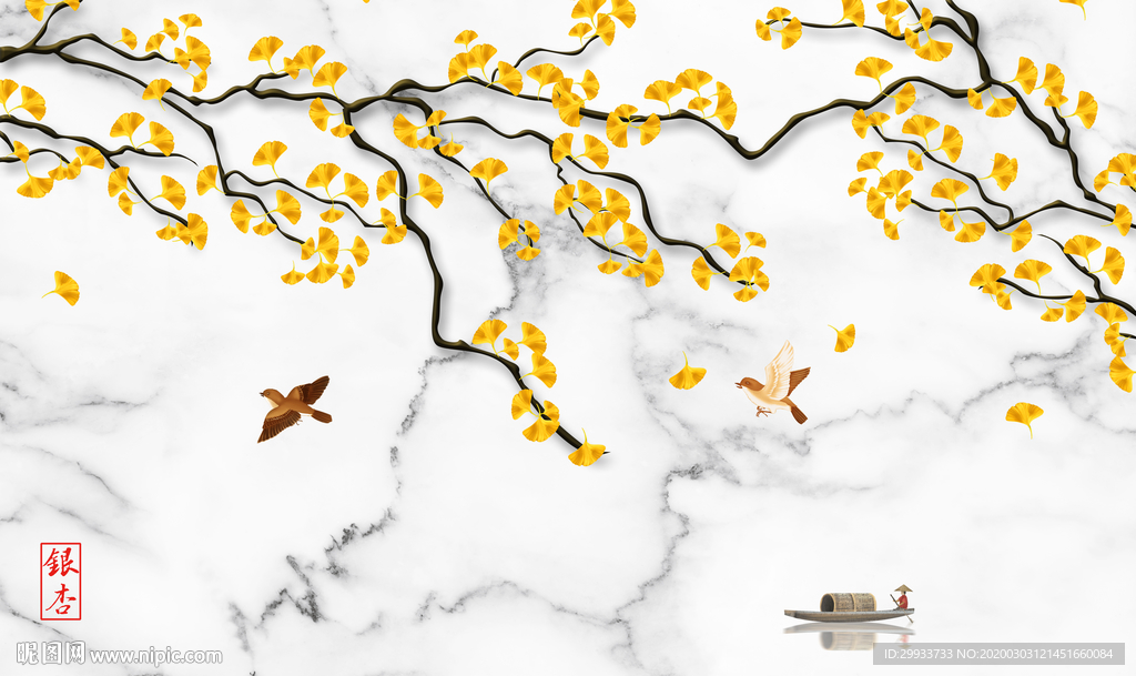 中式大理石银杏花鸟背景墙