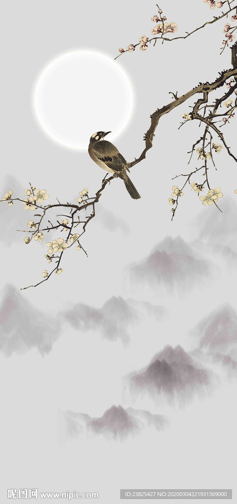 新中式手绘工笔花鸟玄关背景墙