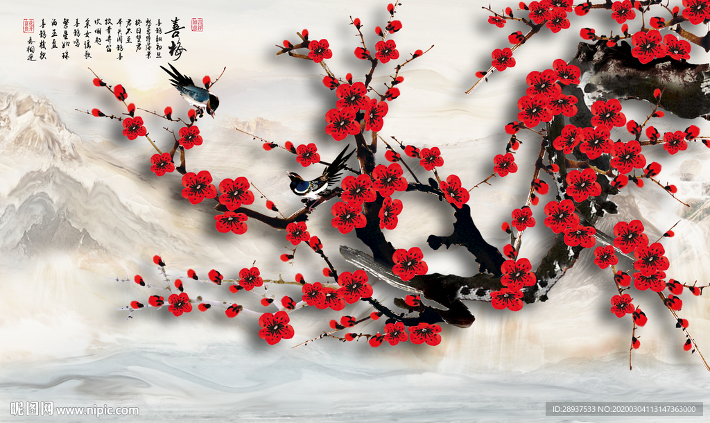 原创手绘梅花喜鹊装饰画背景墙