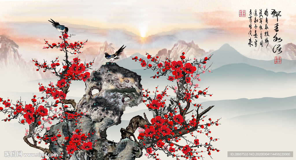 原创高清手绘梅花喜鹊装饰画壁画