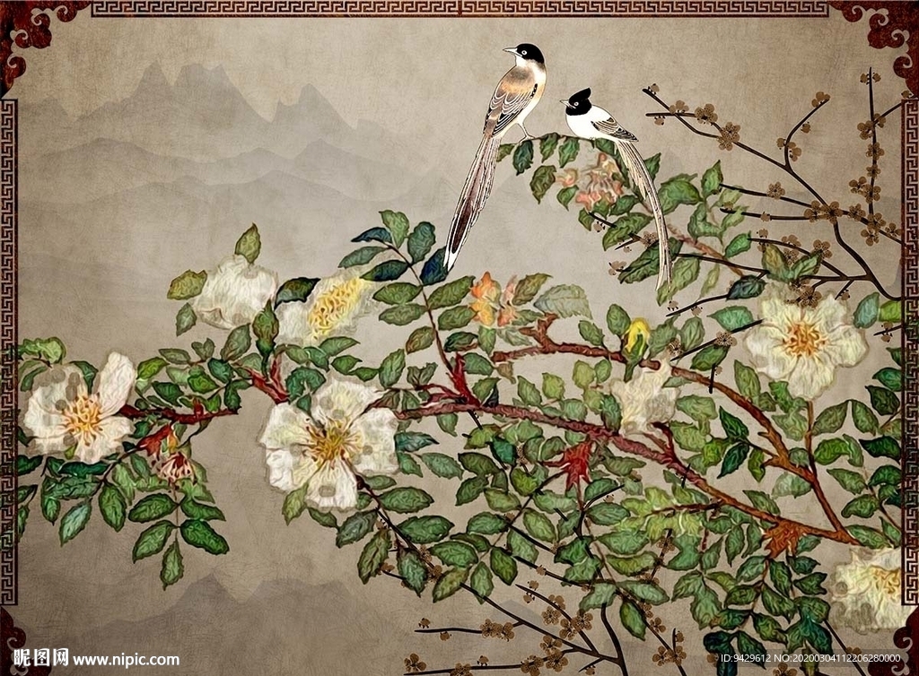 手绘花鸟油画客厅中式背景墙