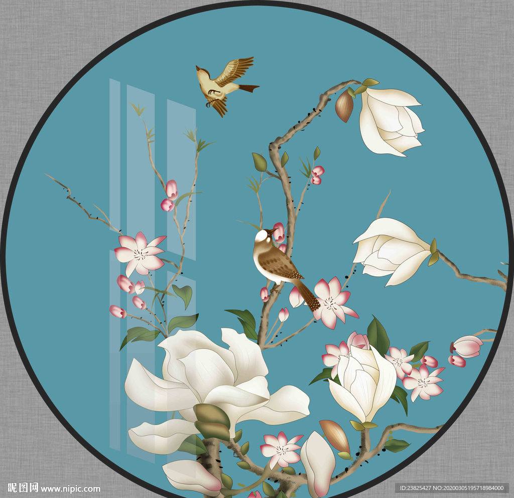 新中式手绘工笔花鸟圆形装饰画
