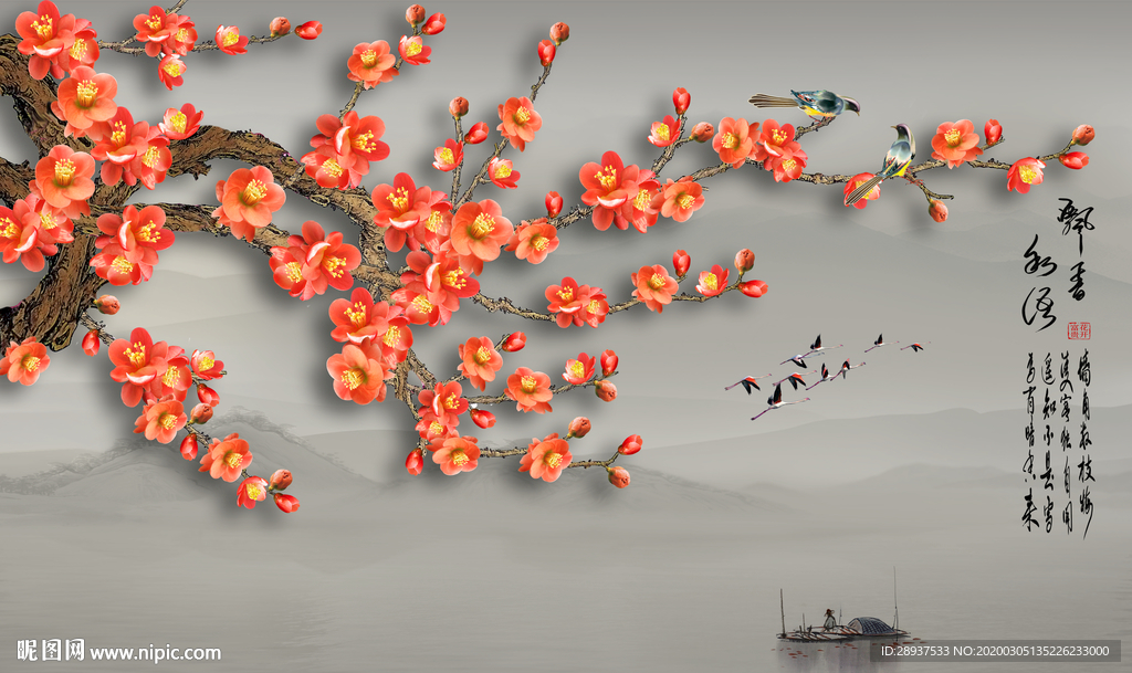 原创高清梅花喜鹊装饰画背景画