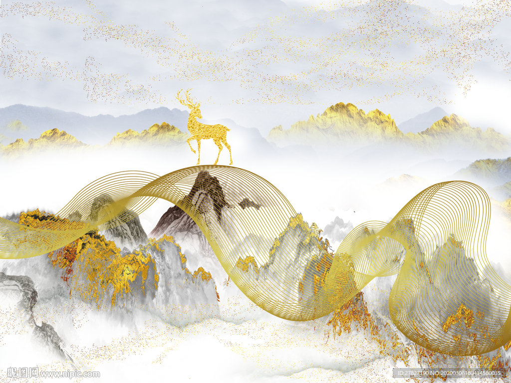 新中式 水墨山水 麋鹿山水 高