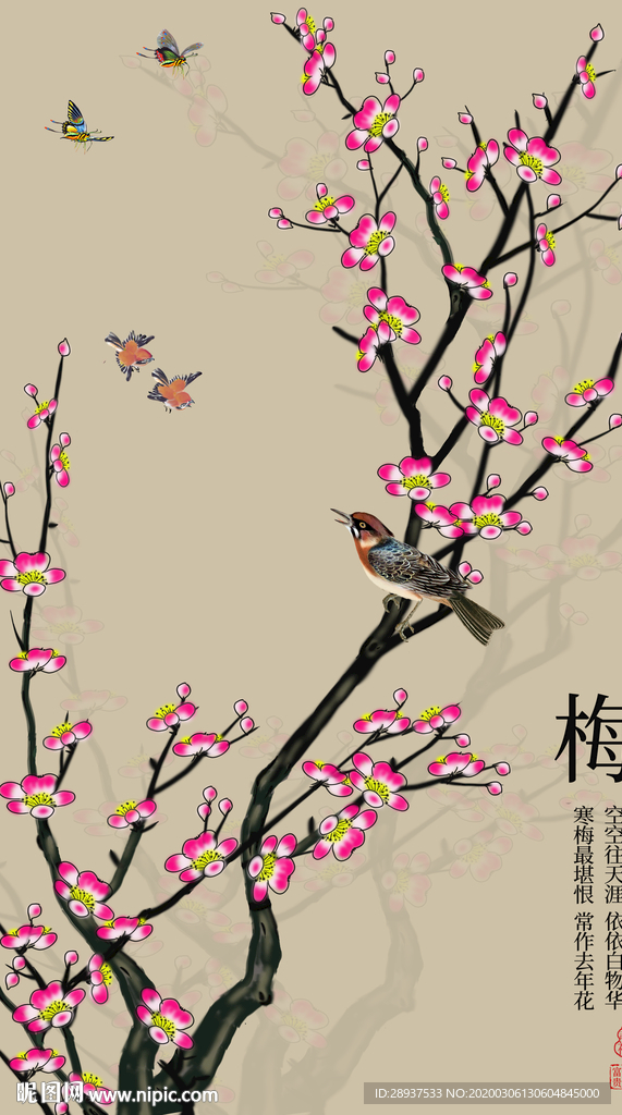 原创玄关手绘梅花花鸟装饰画壁画