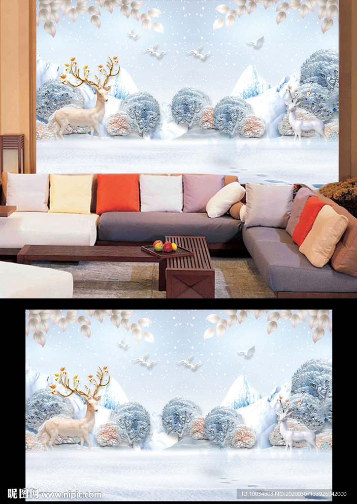 北欧麋鹿山水背景墙