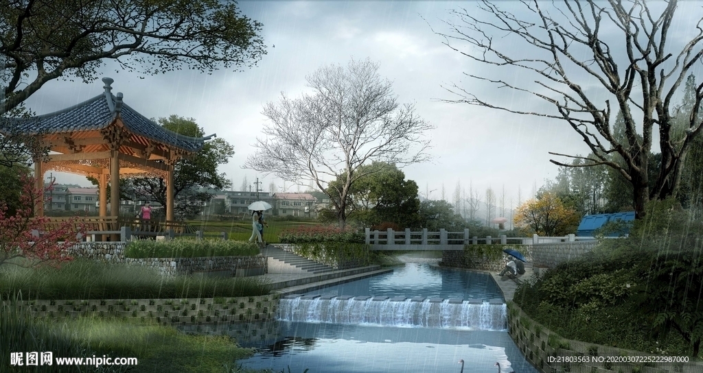 景观效果图古建效果图雨景效果图