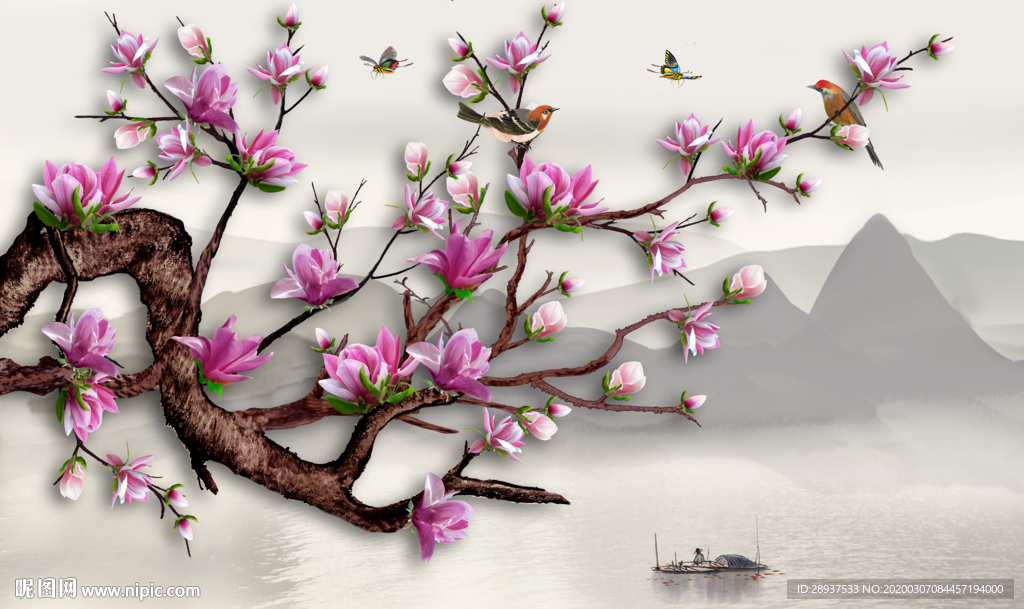 原创高清玉兰花鸟山水装饰画壁画