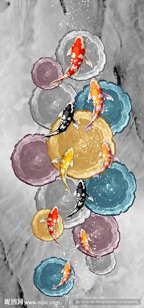 大理石九鱼图玄关背景墙