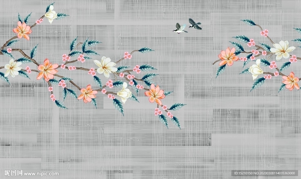 国画玉兰电视背景墙