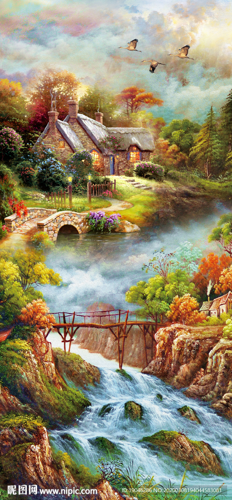 美式乡村小屋风景油画玄关