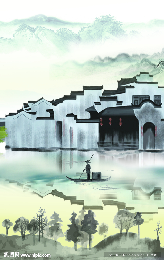 江南水乡水墨背景