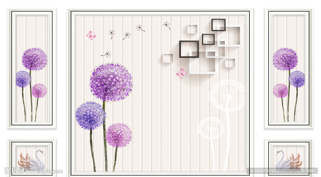 木板方框蒲公英背景墙图片