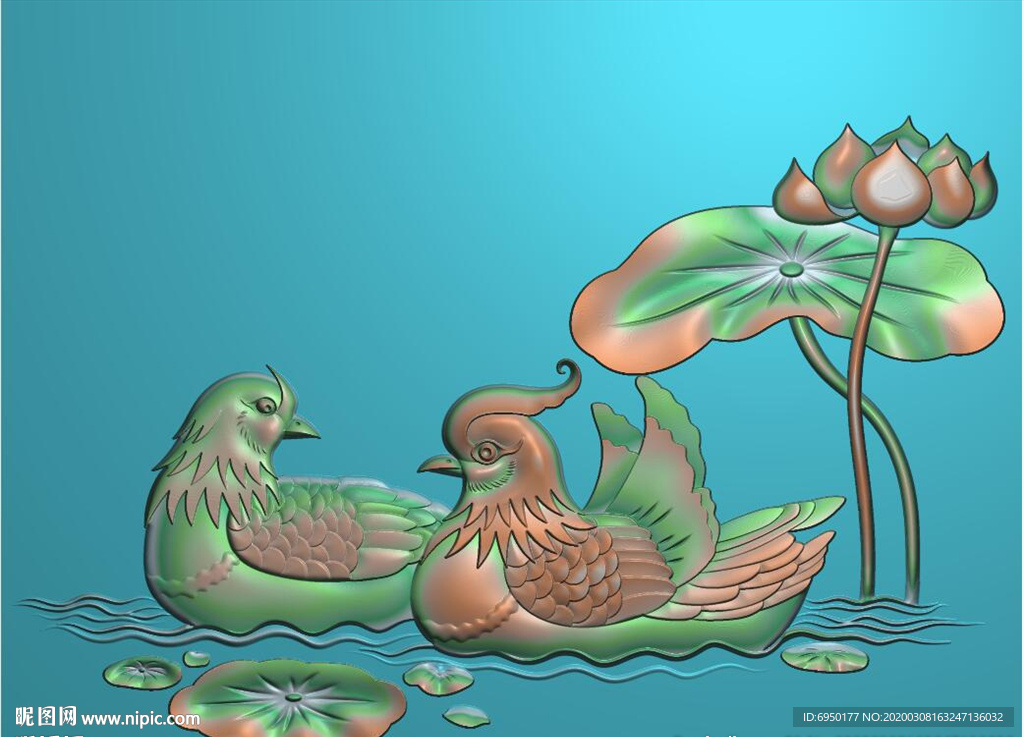鸳鸯戏水荷花鸟精雕图浮雕图灰度