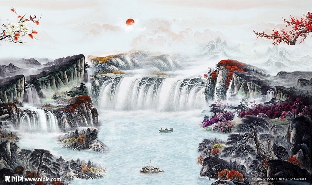 瀑布山水聚财画