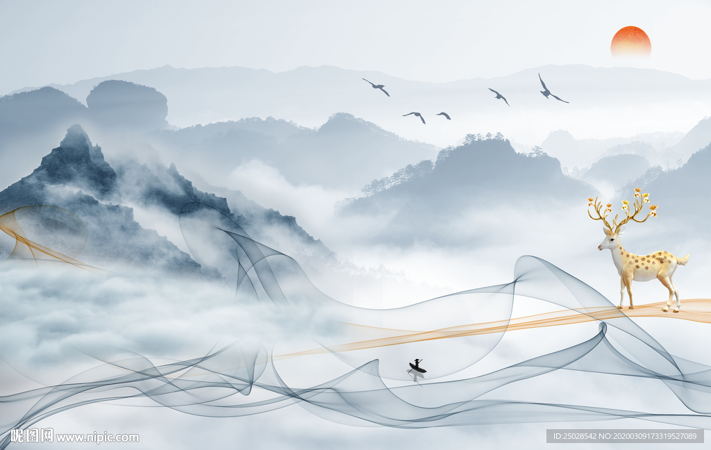 水墨山水麋鹿日出