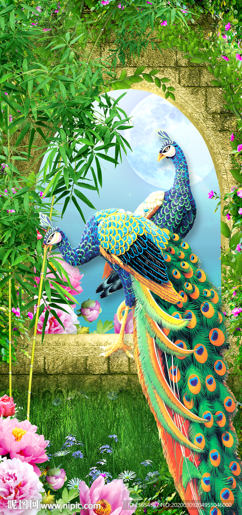 童话梦幻森林孔雀玄关背景墙