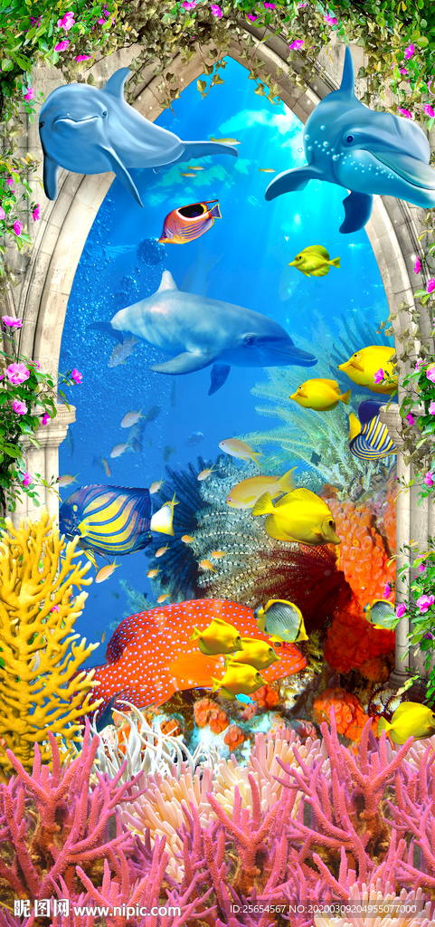 3D海豚海底世界玄关装饰画