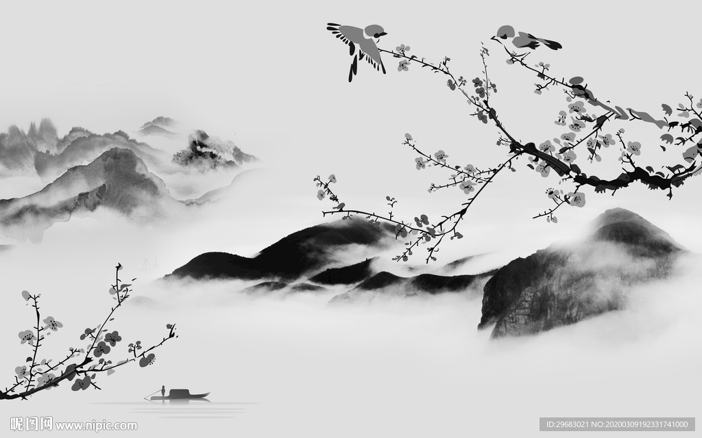 中式 灰色山水新画 tif分层