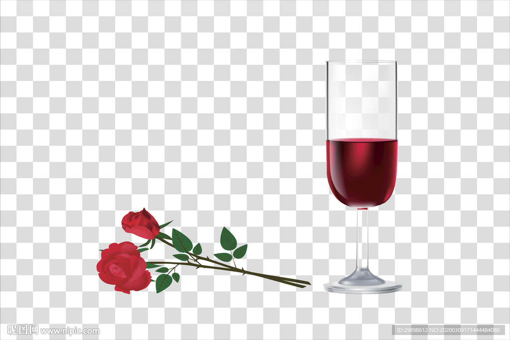 矢量图一杯红酒杯和红色玫瑰花