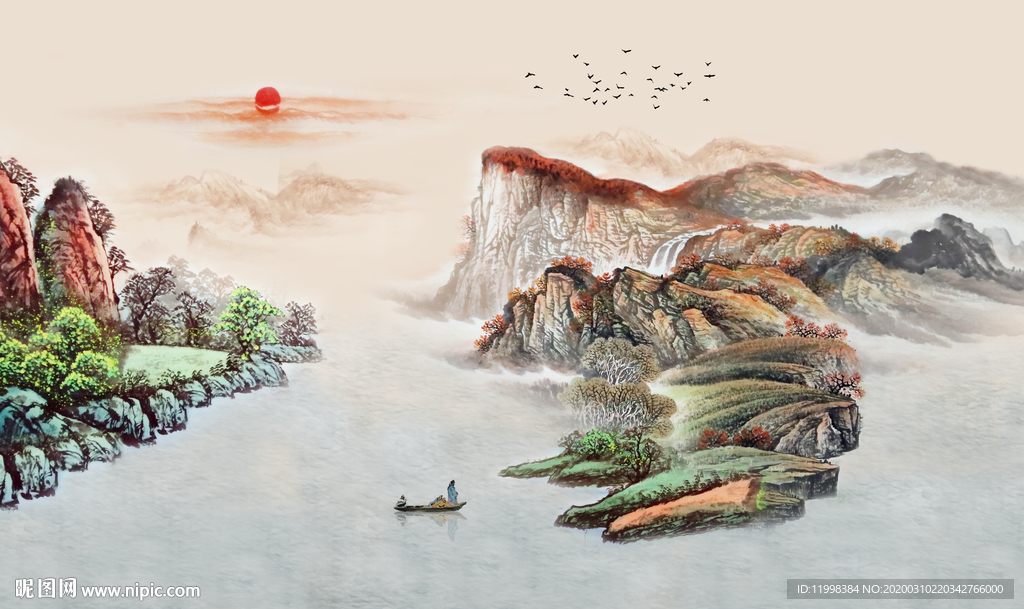 山水河流水墨画