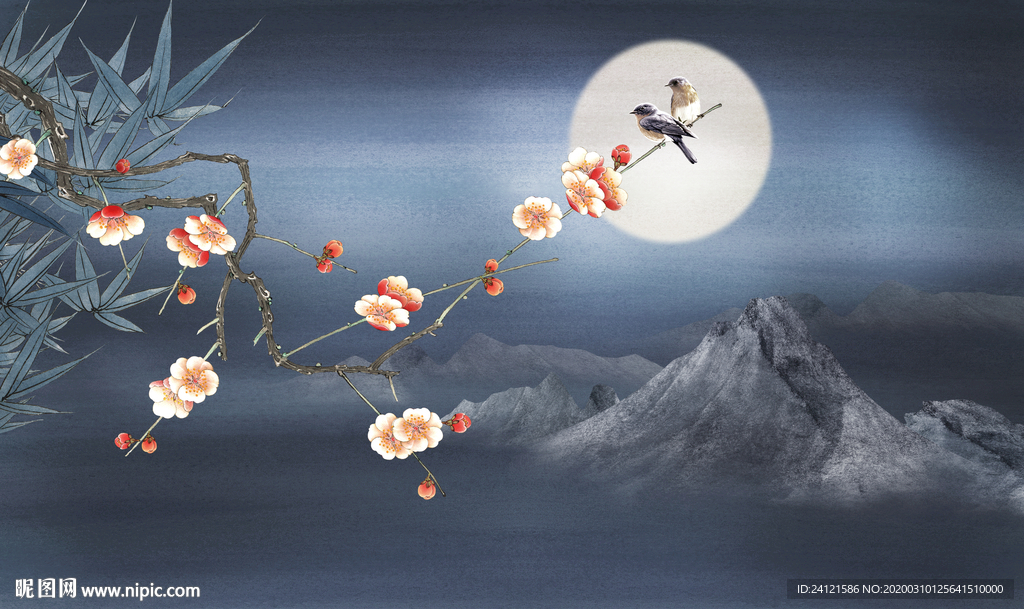 中式梅花山水花鸟