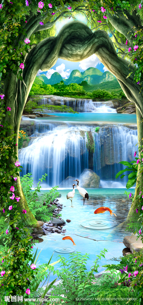 流水生财瀑布鲤鱼天鹅山水玄关