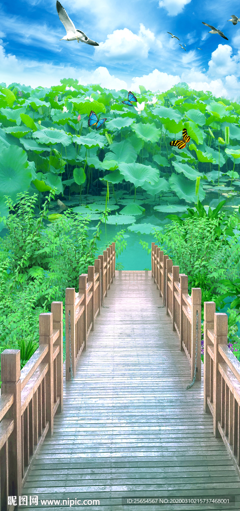 荷花3D玄关过道背景墙