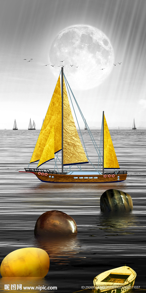 北欧金色小船石来运转玄关装饰画