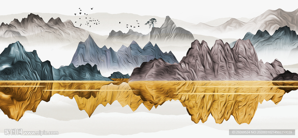 新中式金色山峰倒影抽象装饰画