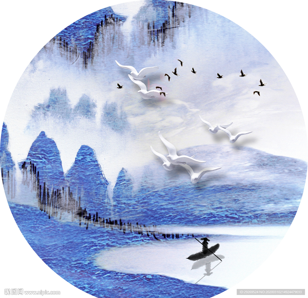 新中式水墨山水飞鸟圆形装饰画
