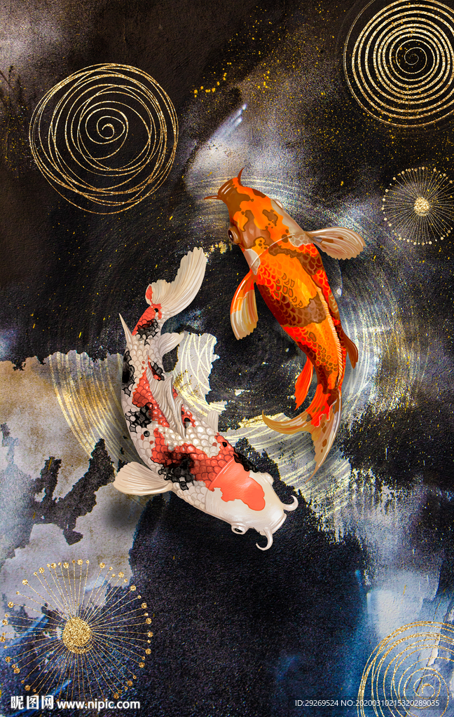 现代轻奢鲤鱼金色抽象装饰画