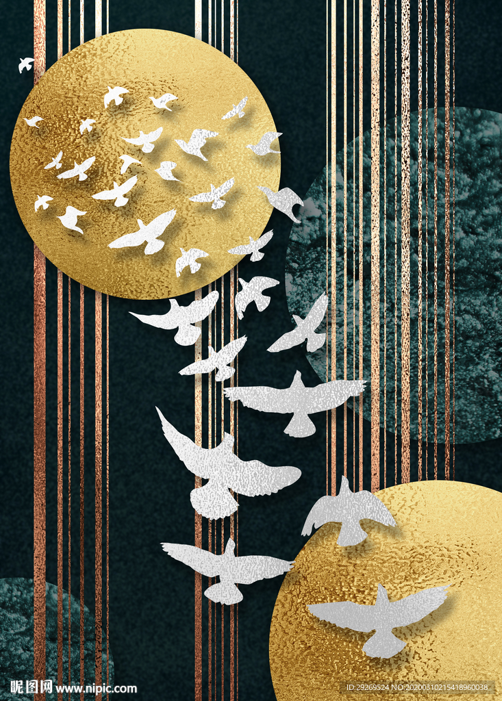 新中式抽象金箔飞鸟装饰画
