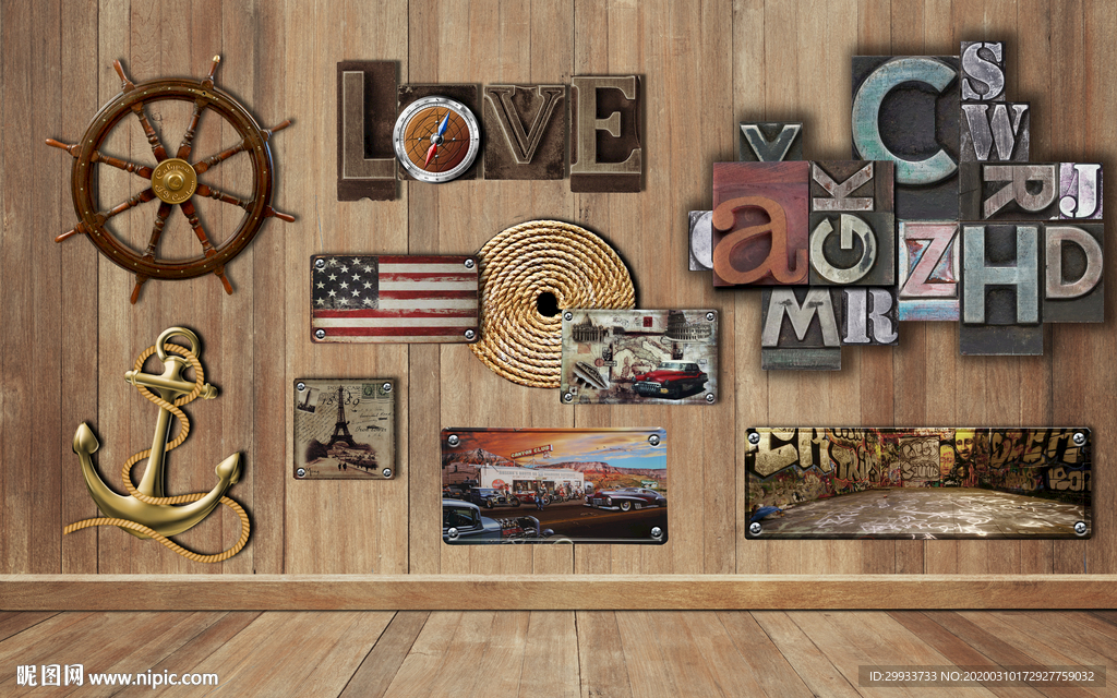 复古船舵酒吧背景墙
